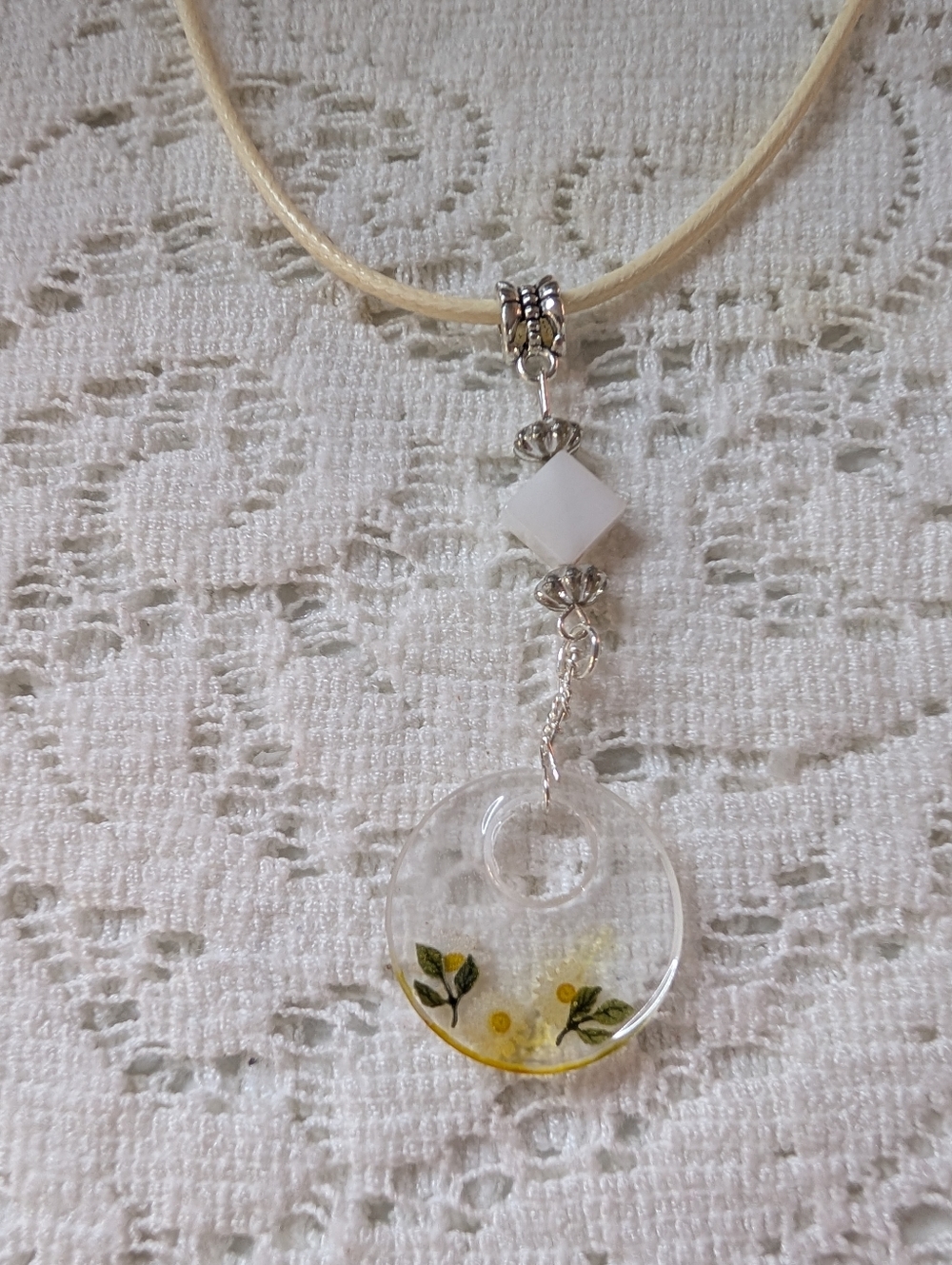 Handmade White and Yellow Floral Resin Pendant Necklace
